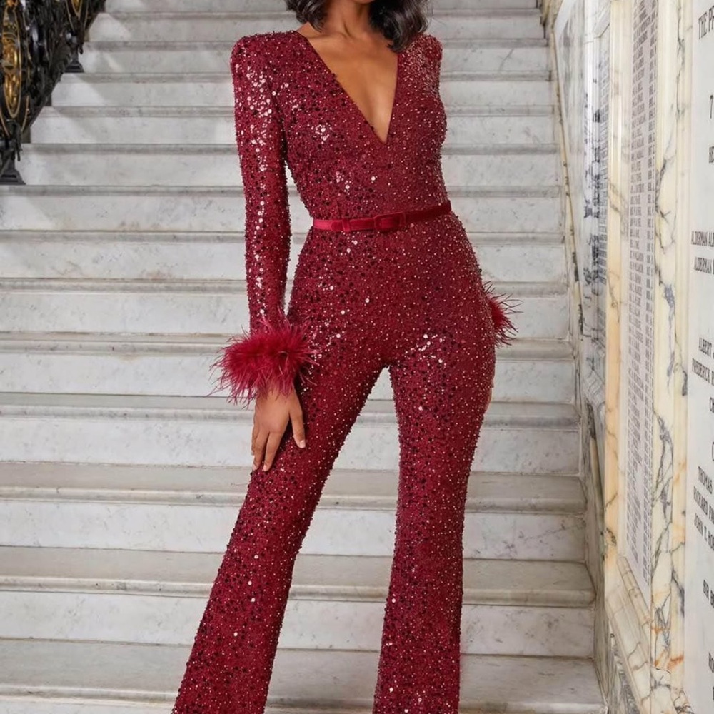 Elegant Burgundy Sequin Jumpsuit
